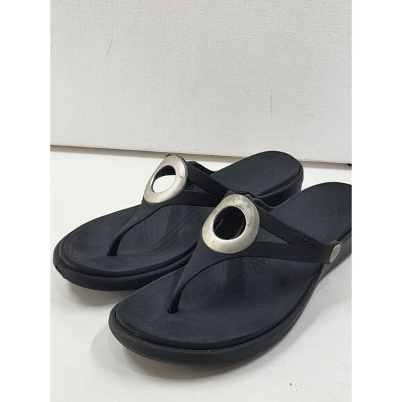 Crocs Sanrah Matte Silver Circle Slide Flip Flop Sandal Black Women's Size 9 - Picture 3 of 7